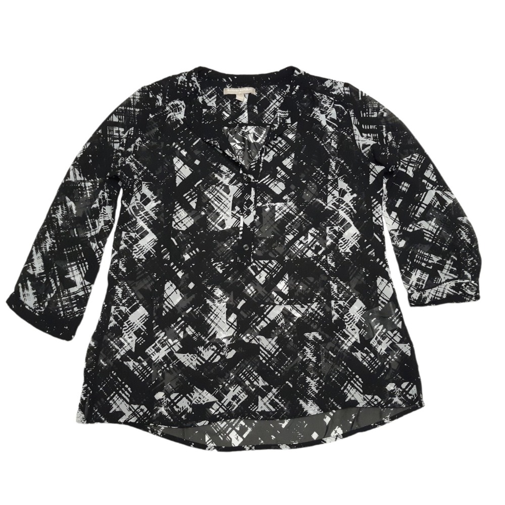 Banana Republic Top Womens XS Black Henley V Neck Sheer 3/4 Sleeve Geometric